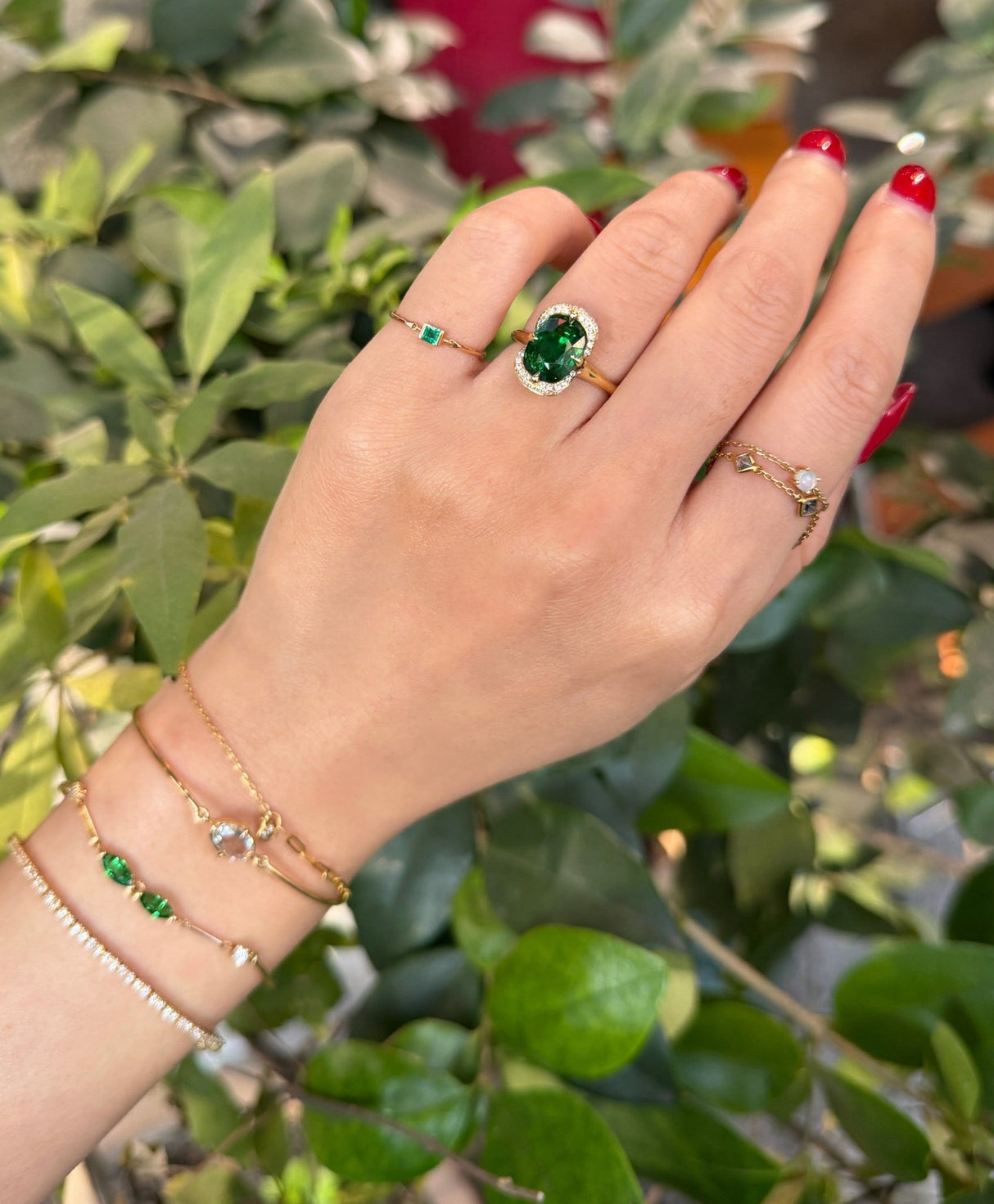 Tsavorite Aurora Ring 18k gold stackable ring on model 5