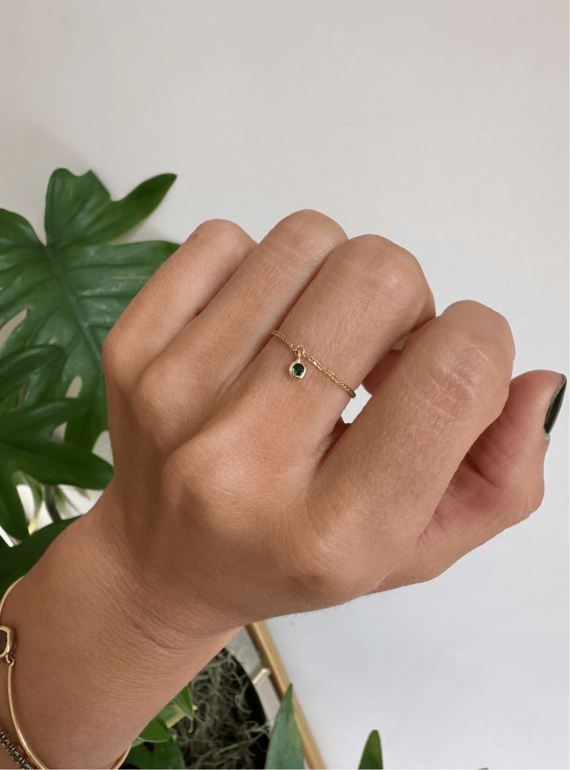 Tsavorite Drop Chain Ring 18k gold Stackable ring on model