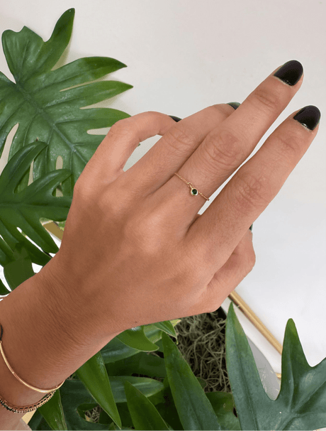 Tsavorite Drop Chain Ring 18k gold Stackable ring on model