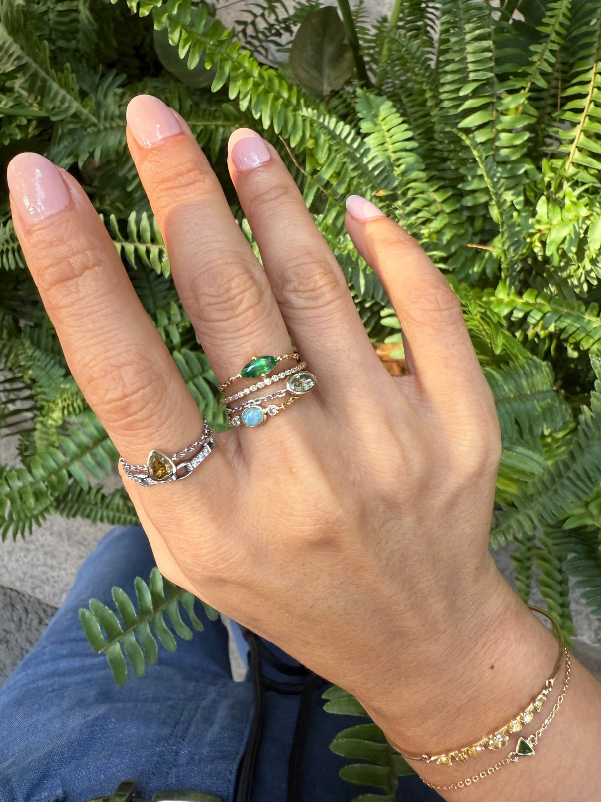 Tsavorite Marquise Supreme Chain Ring 18k gold  Stackable ring on model