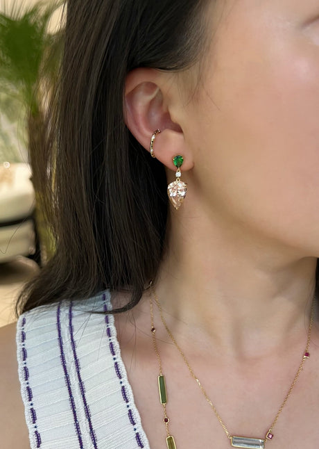 Tsavorite & Morganite & Diamond Spring’s Dewdrop Earrings on model
