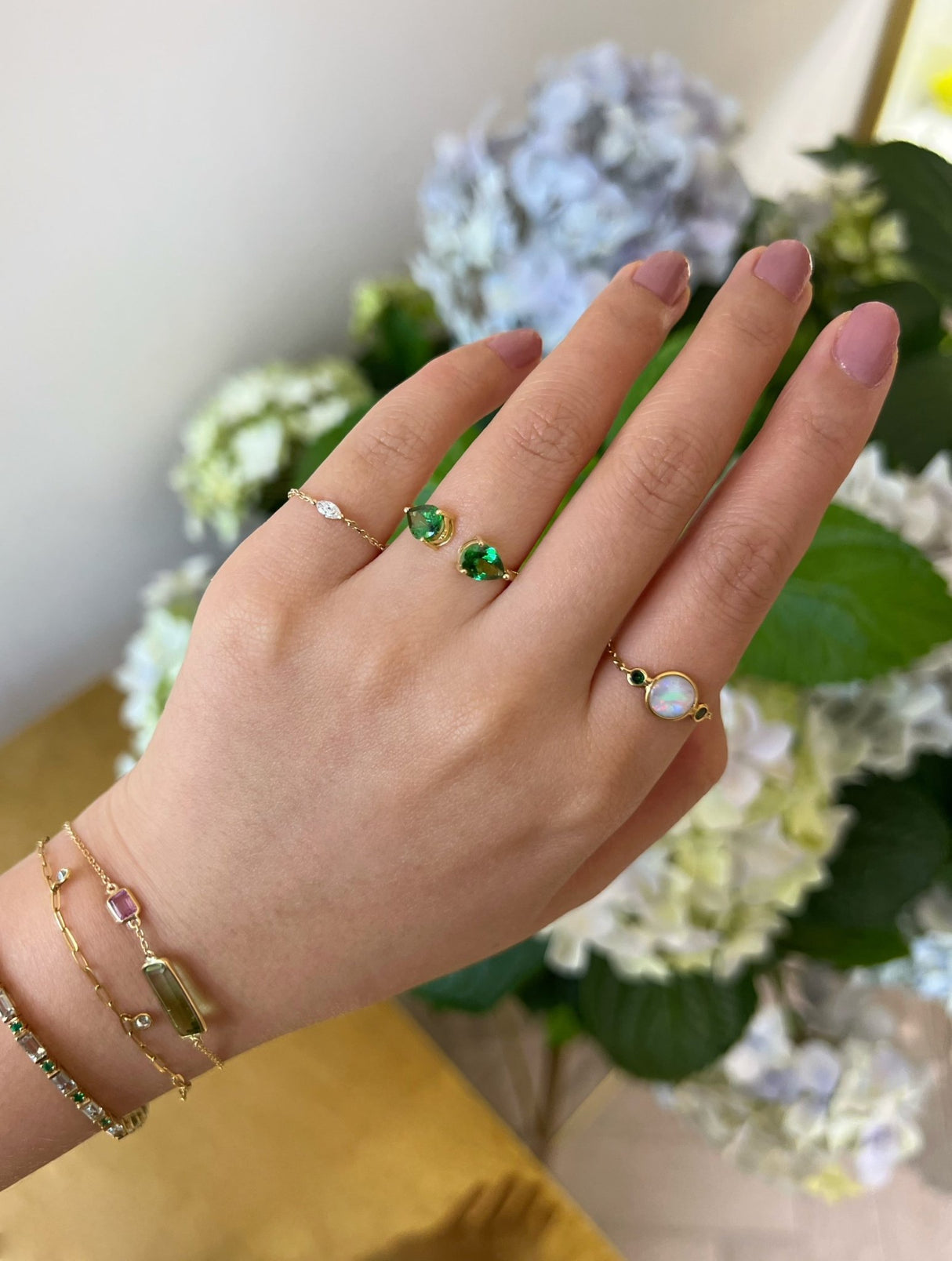 Tsavorite Open Ring 18k gold Stackable ring on model
