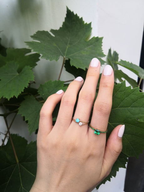 Turquoise Dot Chain Ring 14k gold Stackable ring on model