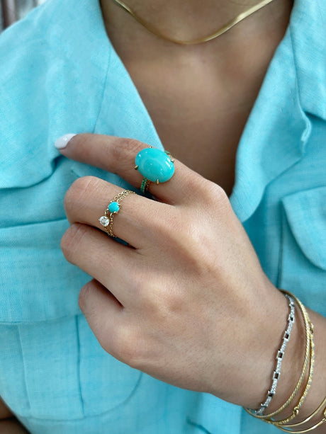 Turquoise & Emerald Globe Ring 9k gold stackable ring on model