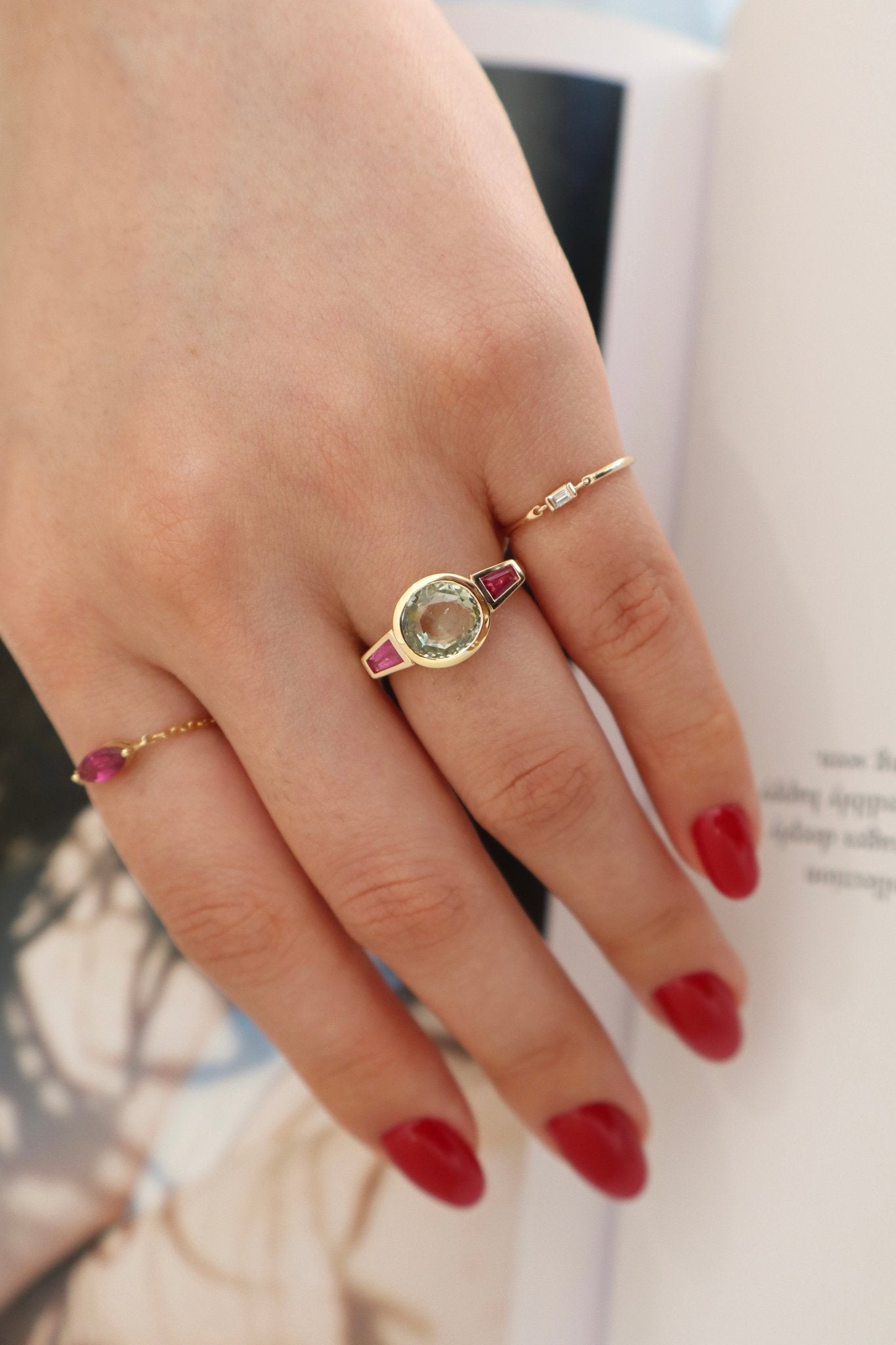 Unheated Green Sapphire & Ruby Triplet Ring 18k gold stackable ring on model