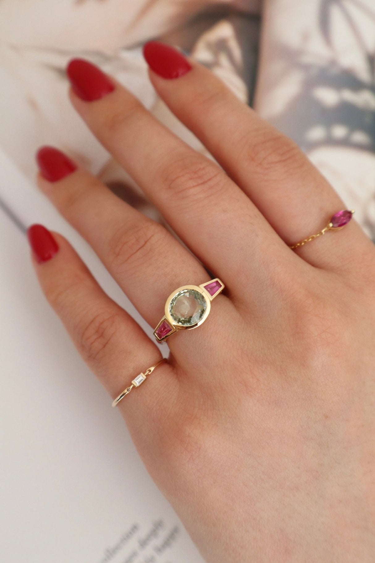 Unheated Green Sapphire & Ruby Triplet Ring 18k gold stackable ring on model 2