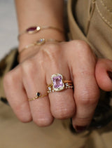 Unheated Pink Sapphire Aurora Ring 18k gold engagement ring on model