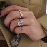 Unheated Pink Sapphire Aurora Ring 18k gold engagement ring on model 2