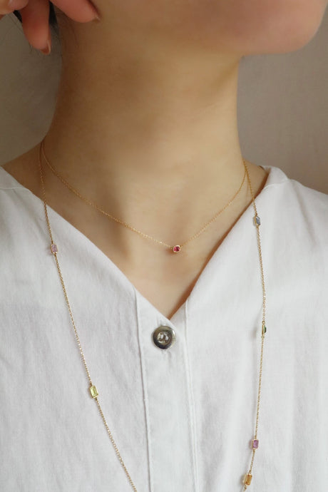 Vivid Spinel Petite Button Necklace  18K gold handmade fine jewelry on model