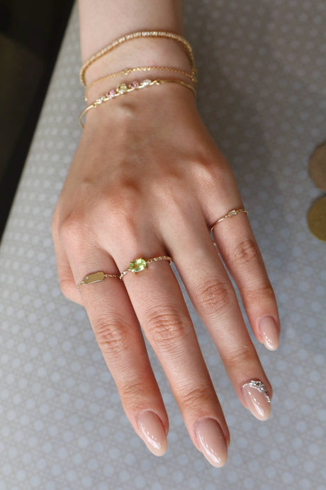 Vivid Yellow Chrysoberyl Petite Circle Diamond Ring  18K Stackable ring on model