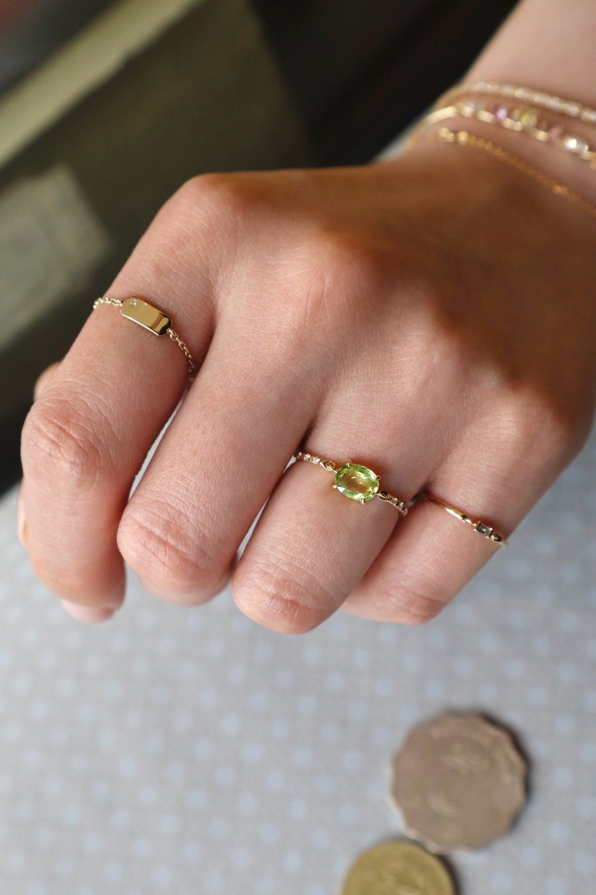 Vivid Yellow Chrysoberyl Petite Circle Diamond Ring  18K Stackable ring on model 1