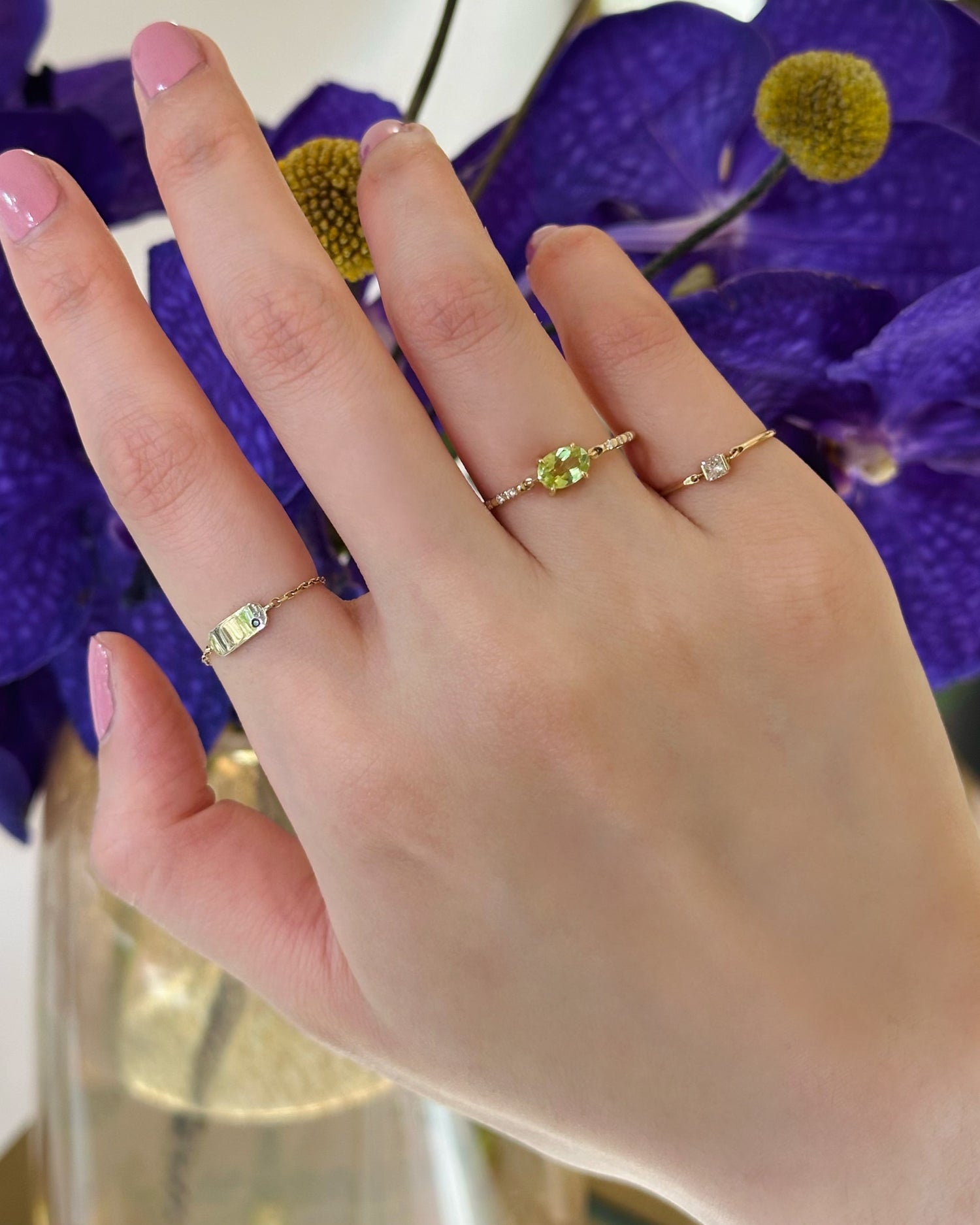 Vivid_Yellow_Chrysoberyl_Petite_Circle_Diamond_Ring_18K_Stackable_ring_on_model_2
