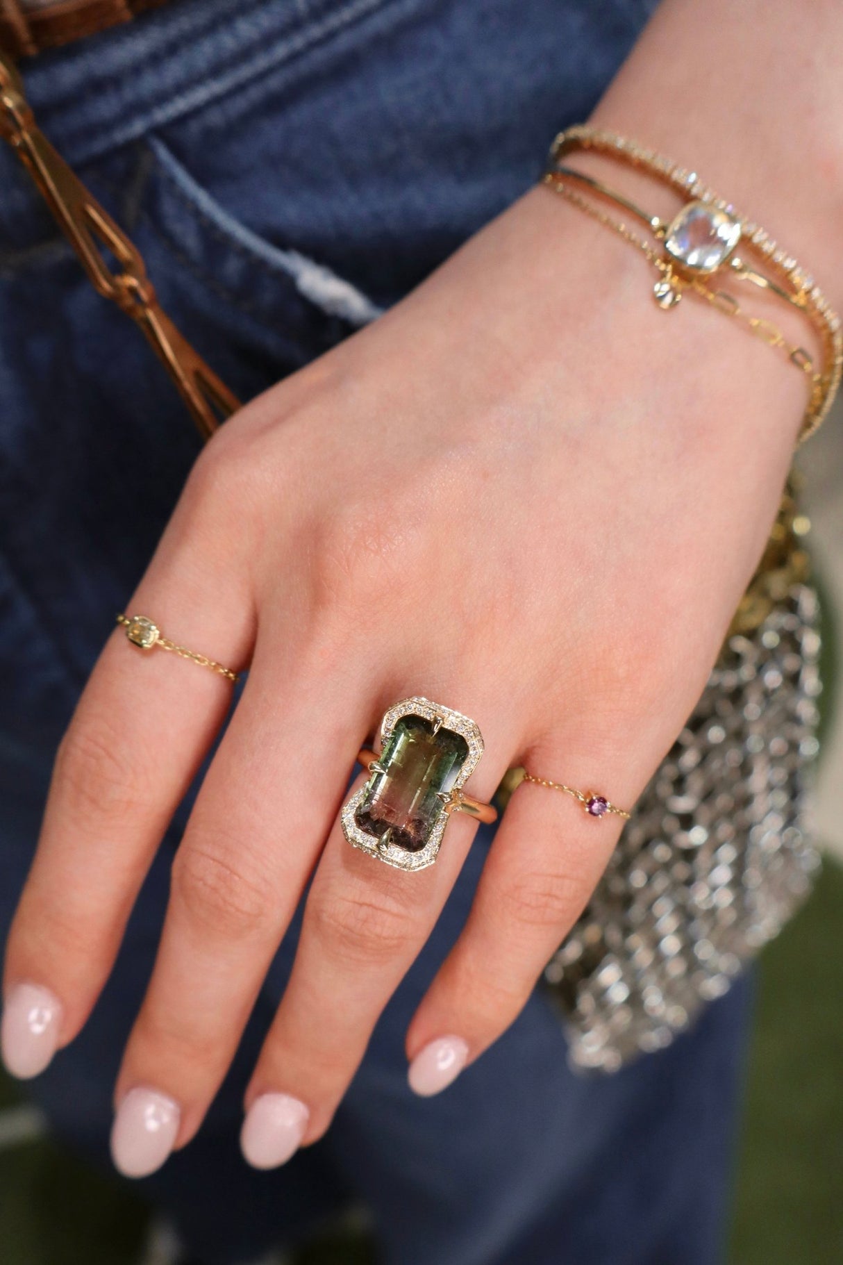 Watermelon Tourmaline Aurora Supreme Ring 18K engagement ring on model