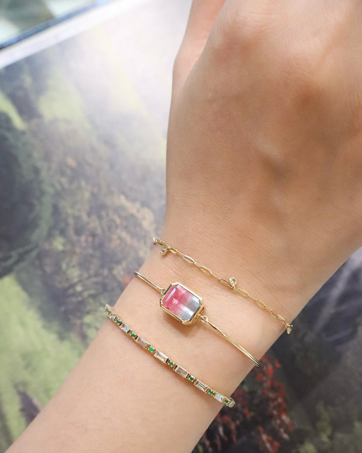 Watermelon_Tourmaline_Bangle_18K_gold_stackable_design_on_model_1