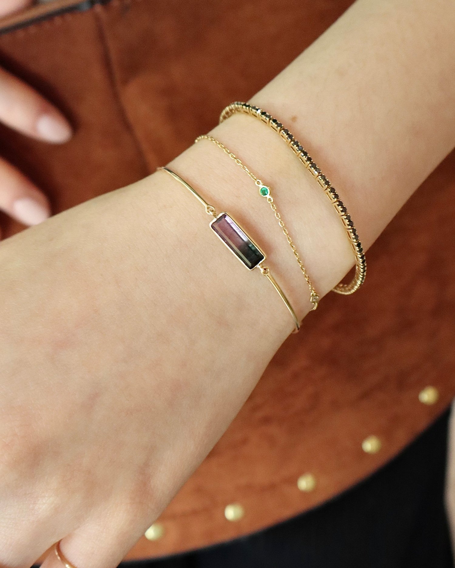 Watermelon Tourmaline Bar Bangle 18k gold Stackable design on model 1