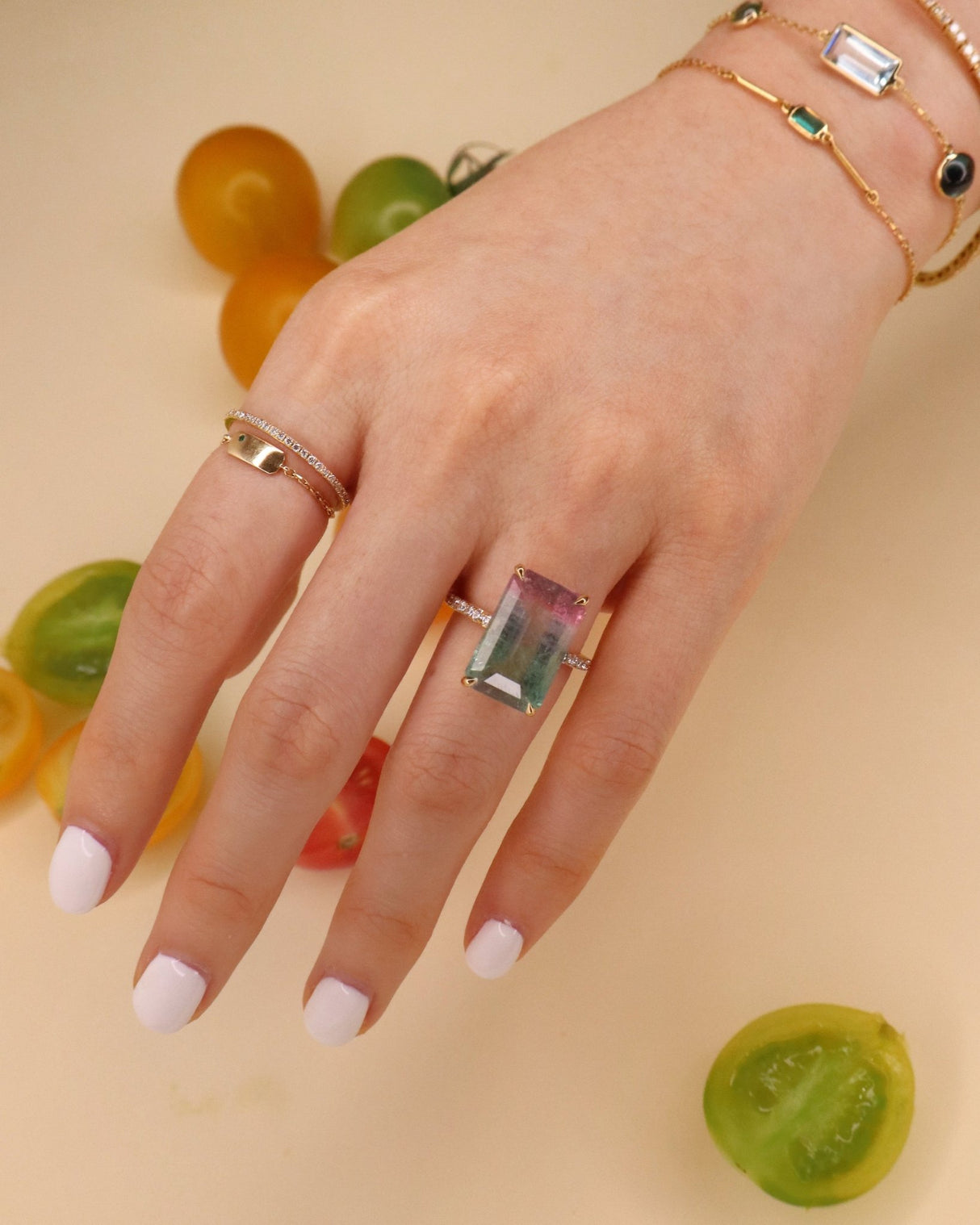 Watermelon Tourmaline Bar Protection Ring 18K engagement ring on model 1