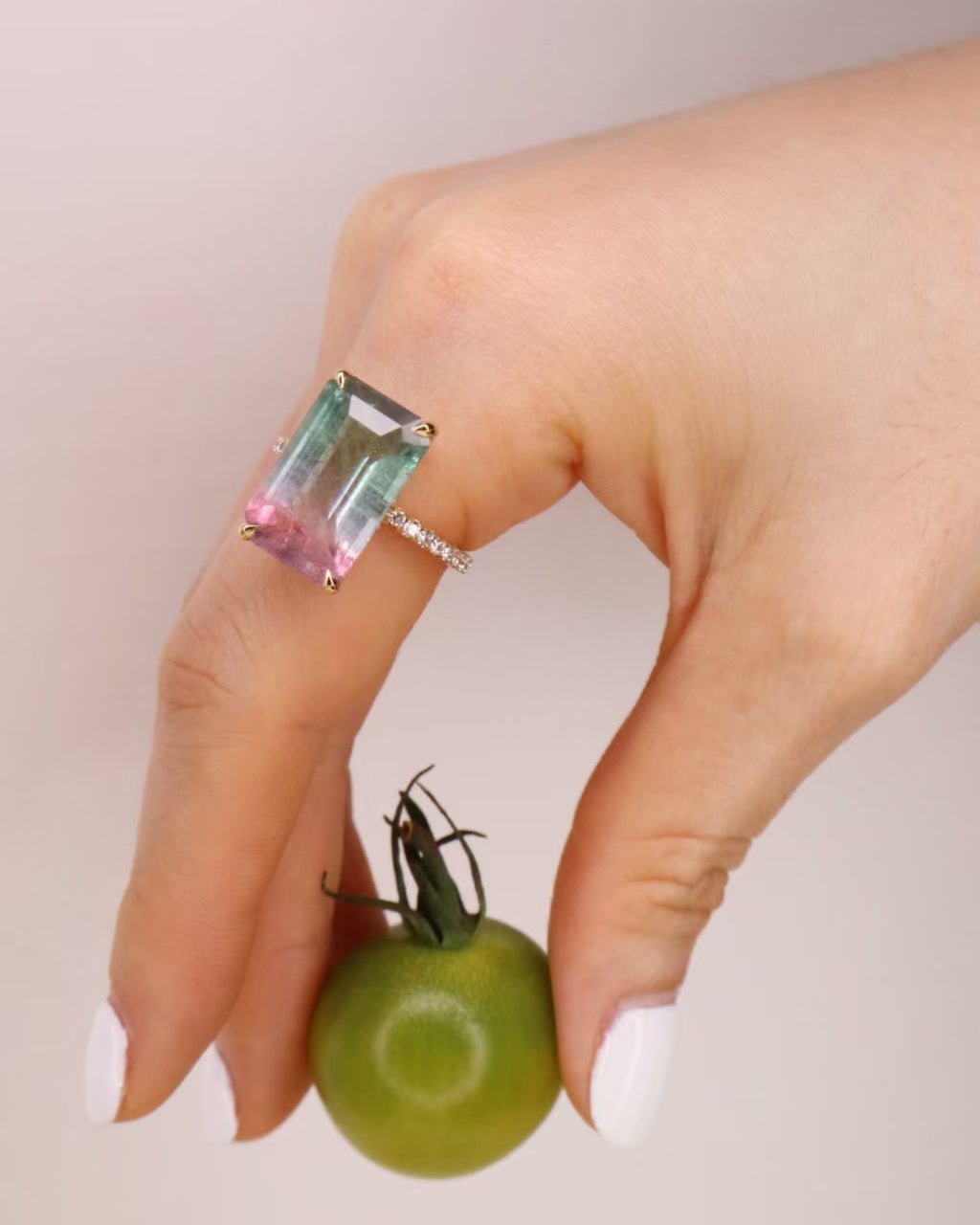 Watermelon Tourmaline Bar Protection Ring 18K engagement ring on model 2