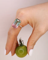 Watermelon Tourmaline Bar Protection Ring 18K engagement ring on model 2