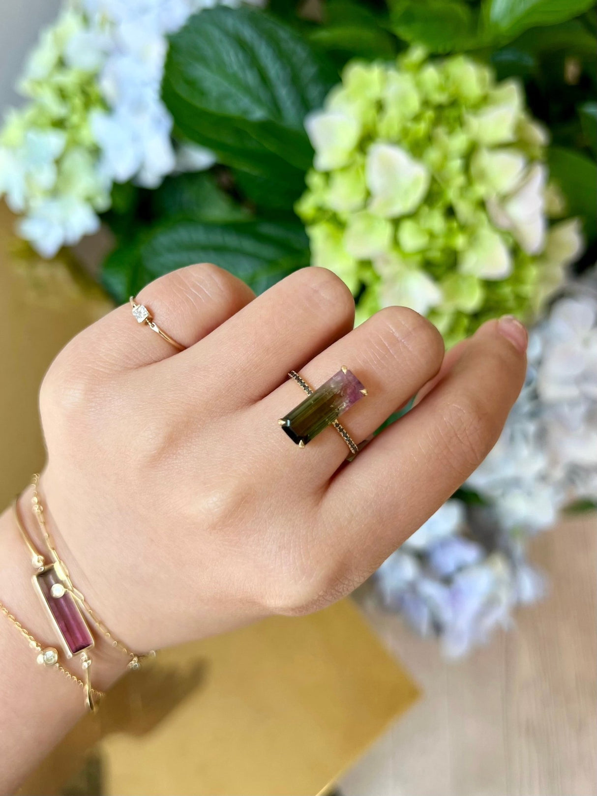 Watermelon Tourmaline Bar Protection Ring 18k gold engagement ring 1 on model