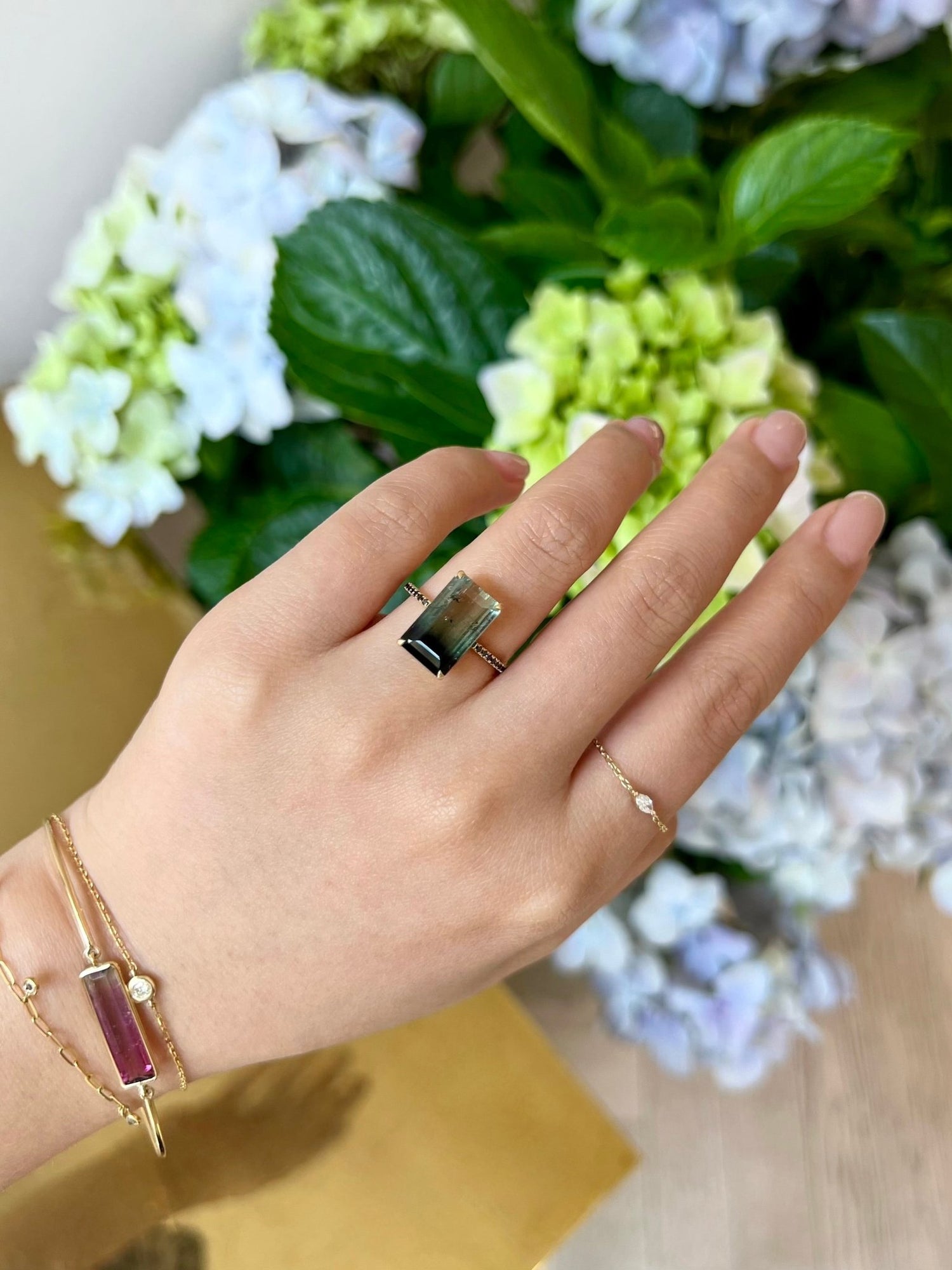 Watermelon Tourmaline Bar Protection Ring 18k gold engagement ring on model