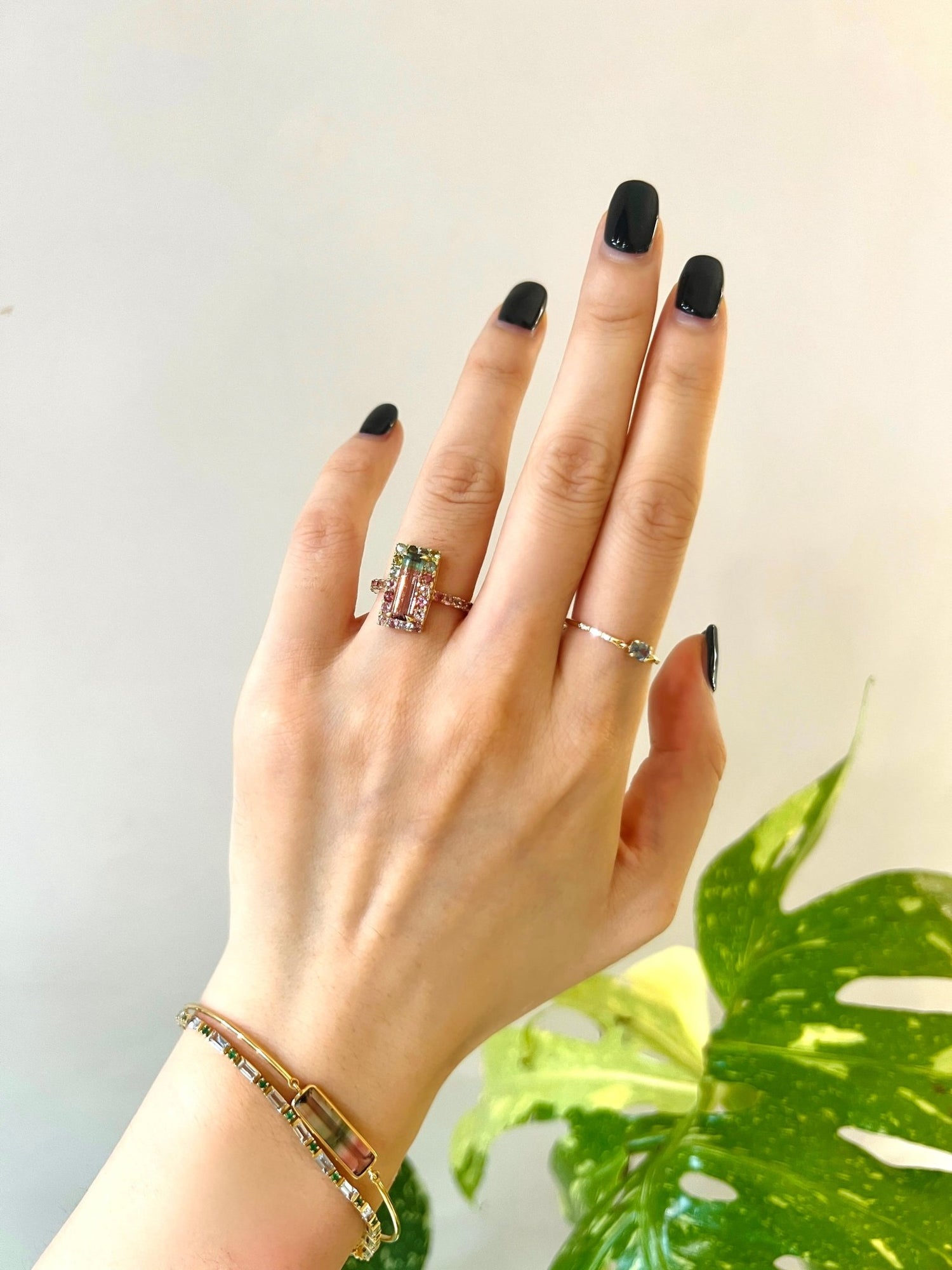 Watermelon Tourmaline Candy Ring 18k gold engagement ring on model
