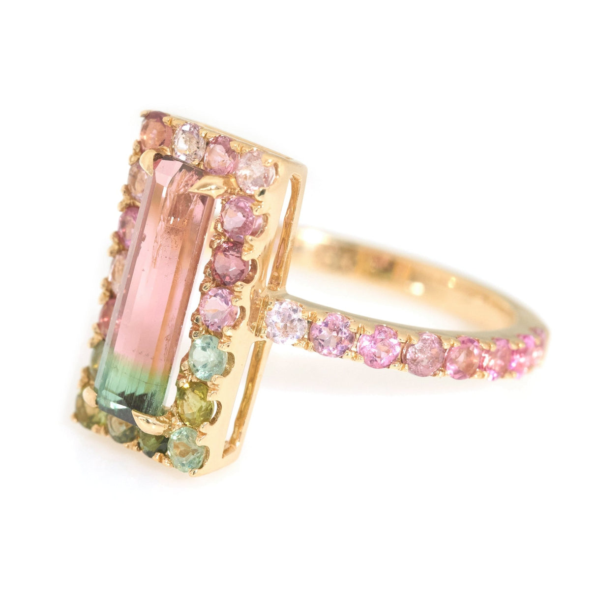Watermelon Tourmaline Candy Ring 18k gold engagement ring side