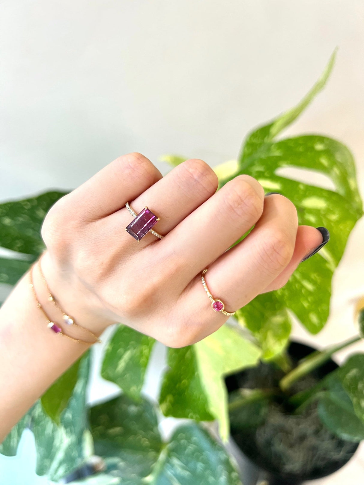 Watermelon Tourmaline & Diamond Ring 18k gold engagement ring on model