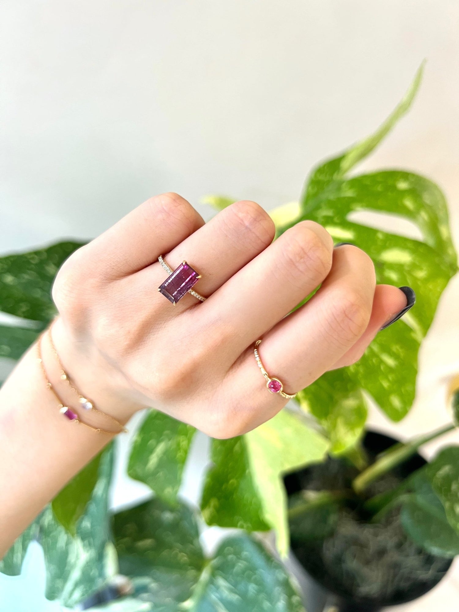 Watermelon Tourmaline & Diamond Ring 18k gold engagement ring on model