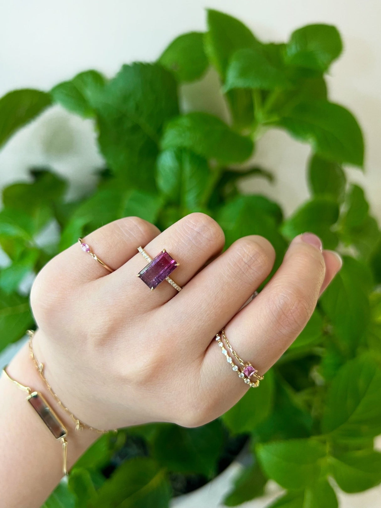 Watermelon Tourmaline & Diamond Ring 18k gold engagement ring on model