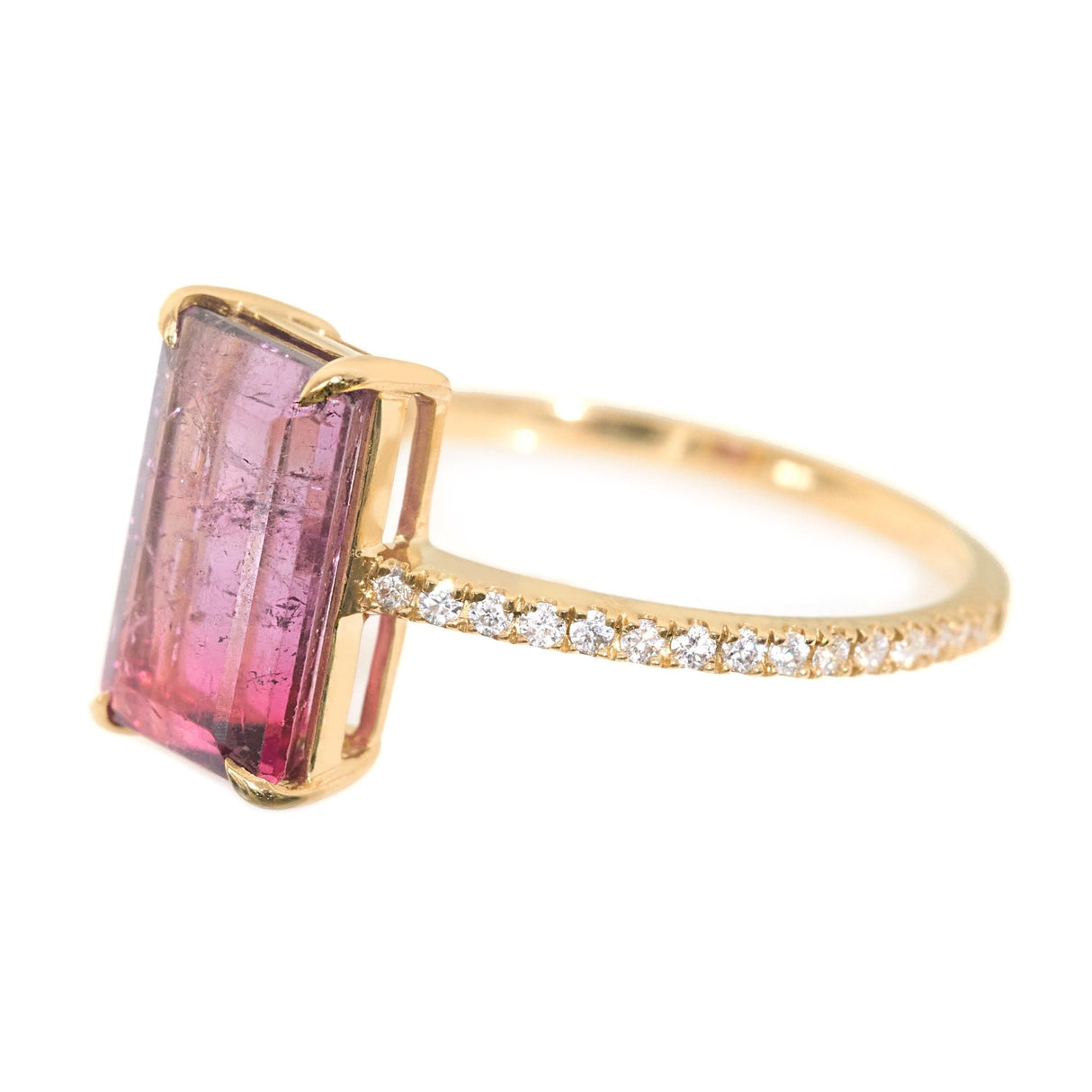 Watermelon Tourmaline & Diamond Ring 18k gold engagement ring side view