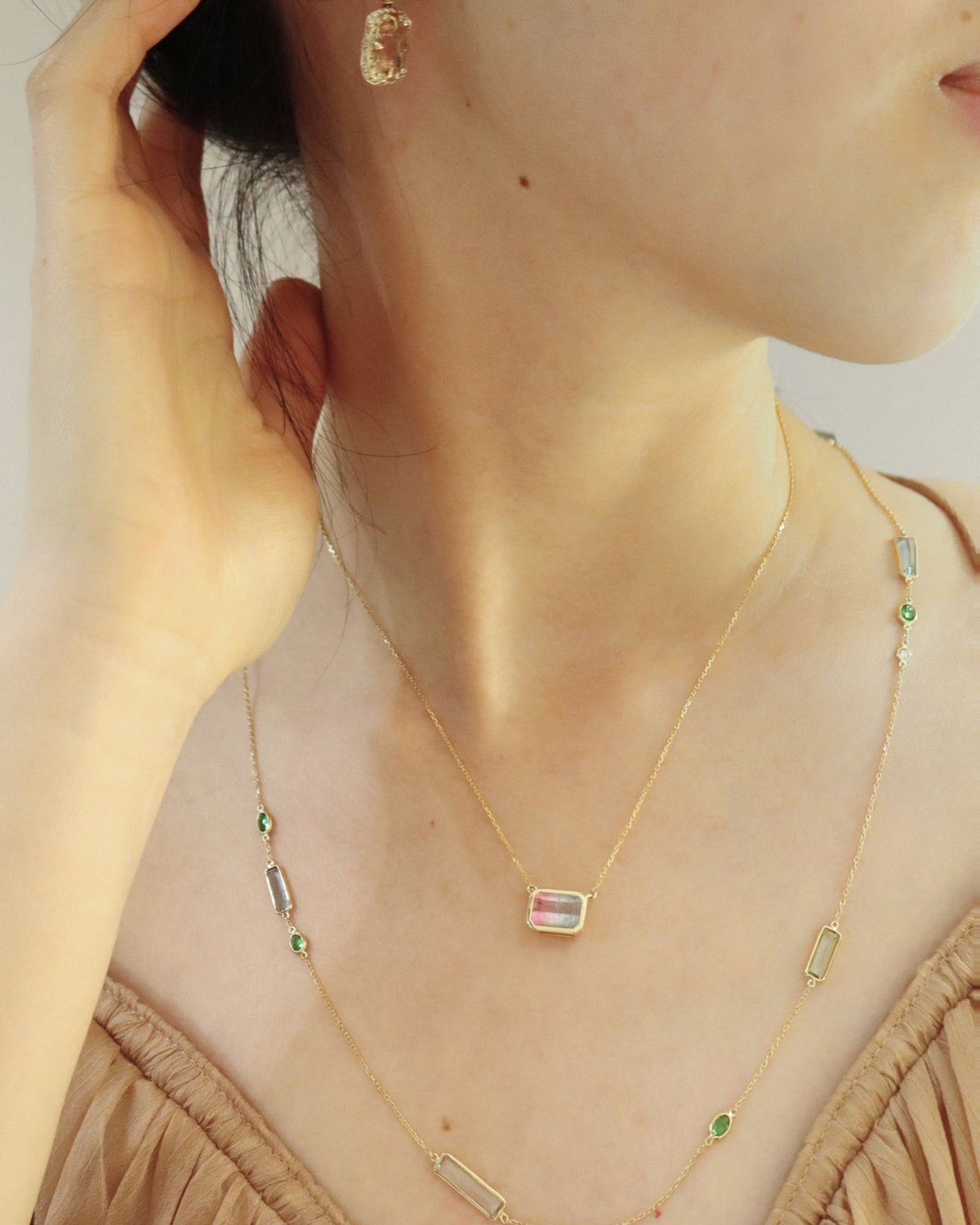 Watermelon Tourmaline Necklace 18K gold handmade fine jewelry on model