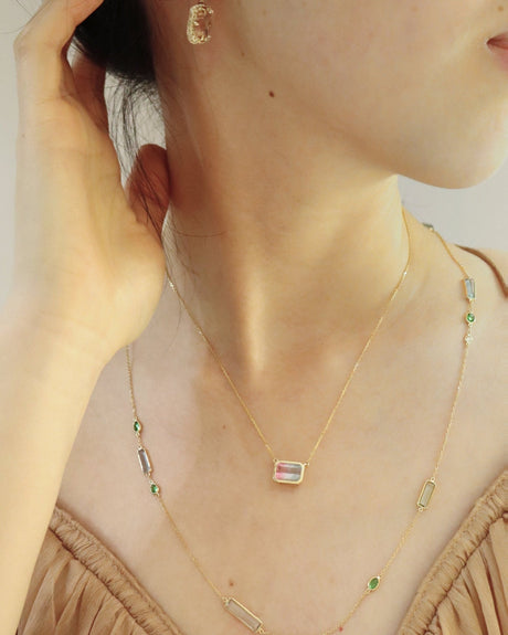 Watermelon Tourmaline Necklace 18K gold handmade fine jewelry on model