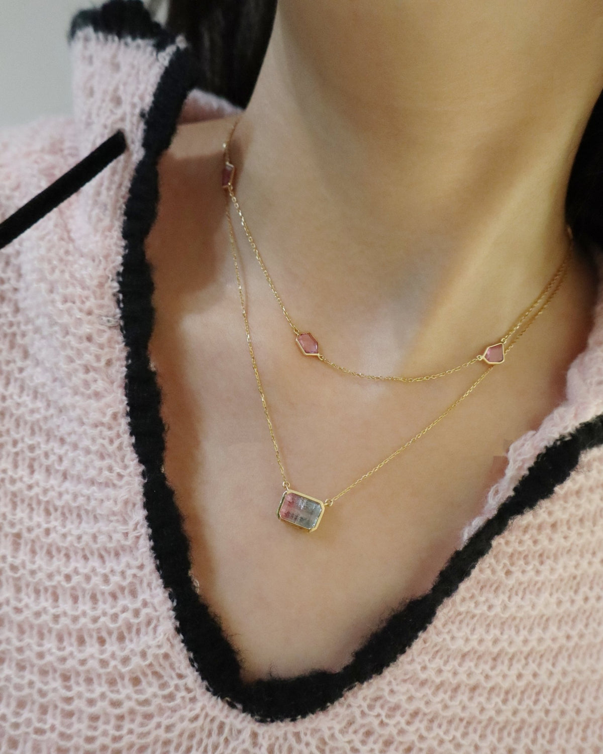 Watermelon Tourmaline Necklace 18K gold handmade fine jewelry on model 1