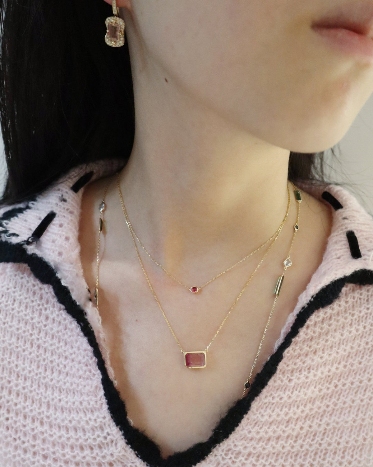 Watermelon Tourmaline Necklace (red) 18K gold handmade fine jewelry on model