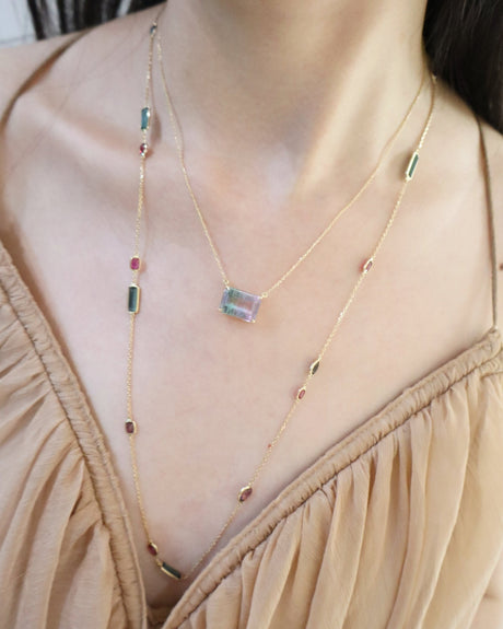 Watermelon Tourmaline Pendant Necklace 18K gold handmade fine jewelry on model