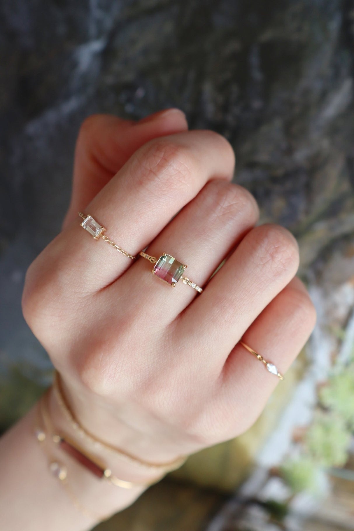 Watermelon Tourmaline Petite Circle Diamond Ring  18K Stackable ring on model