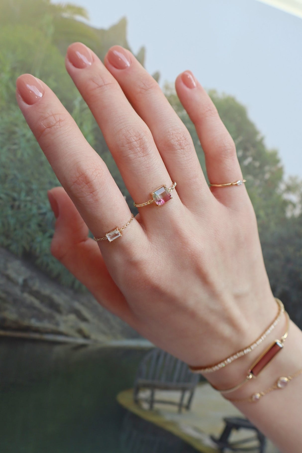 Watermelon Tourmaline Petite Circle Diamond Ring  18K Stackable ring on model 1
