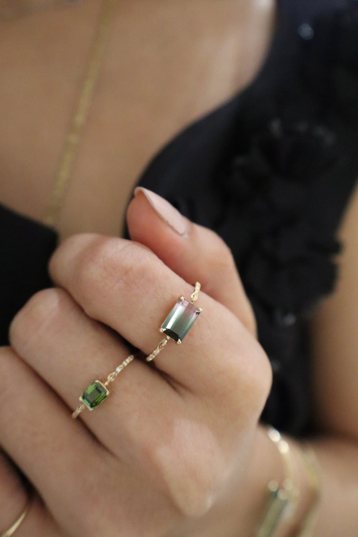 Watermelon Tourmaline Petite Circle Diamond Rings