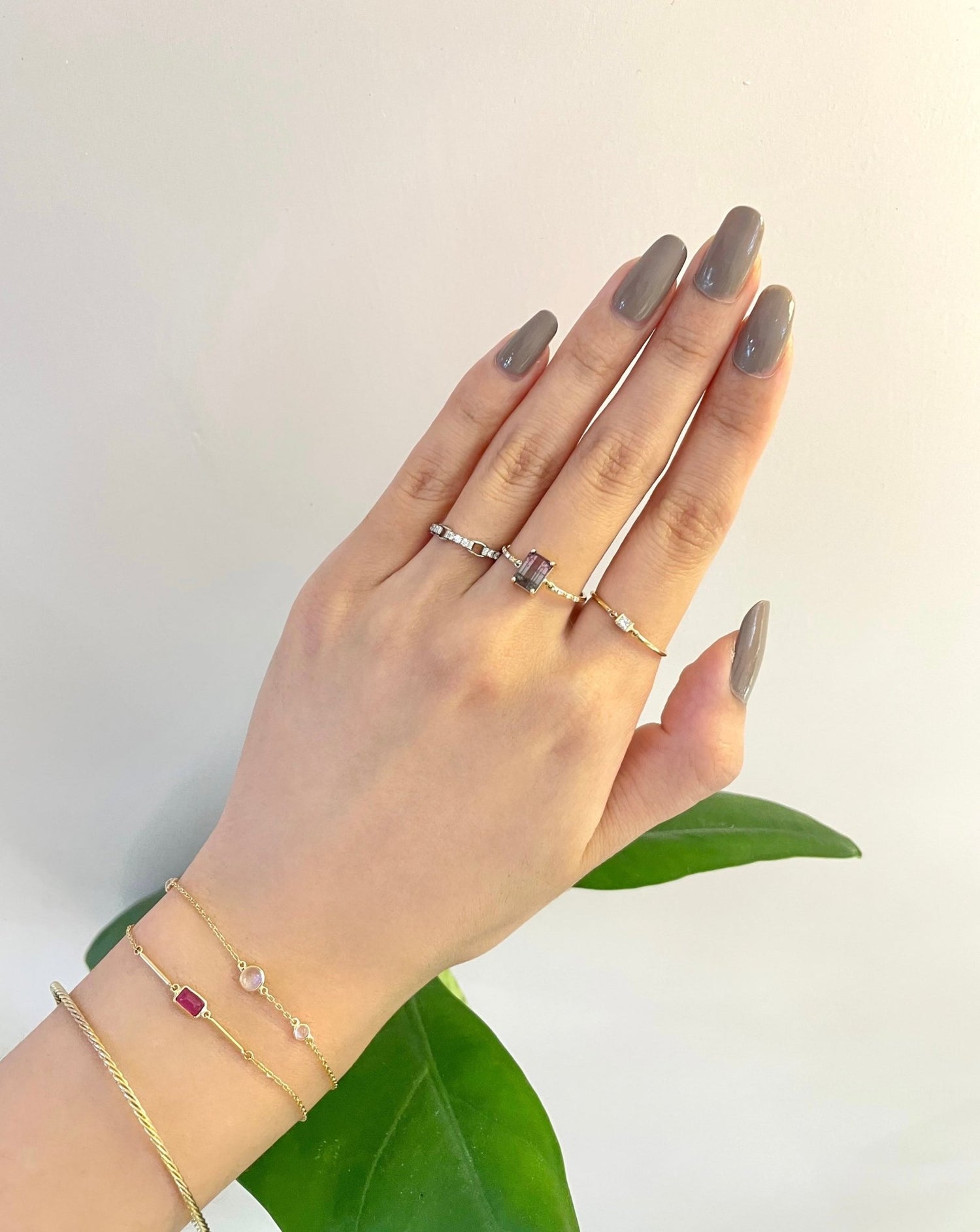 Watermelon Tourmaline Petite Diamond Ring 14k gold stackable ring on model 2