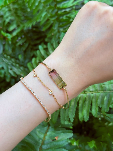 Watermelon Tourmaline Supreme Bar Bangle 18k gold Stackable design on model
