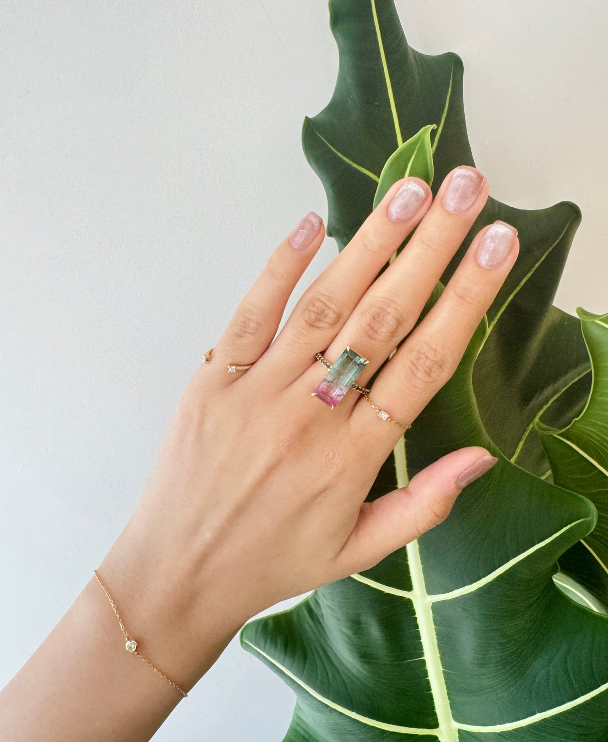 Watermelon Tourmaline Supreme Protection Bar Ring engagement ring on model