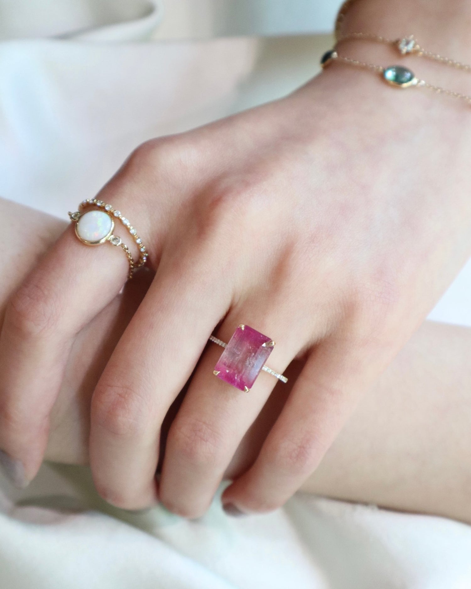 Barbie Pink Watermelon Tourmaline & White Diamond Ring
