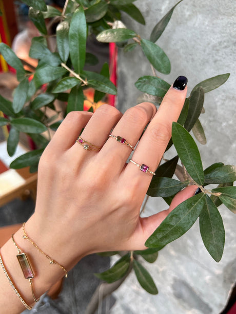 Watermelon Tourmaline petite Circle Diamond Ring 14k gold Stackable ring on hand.