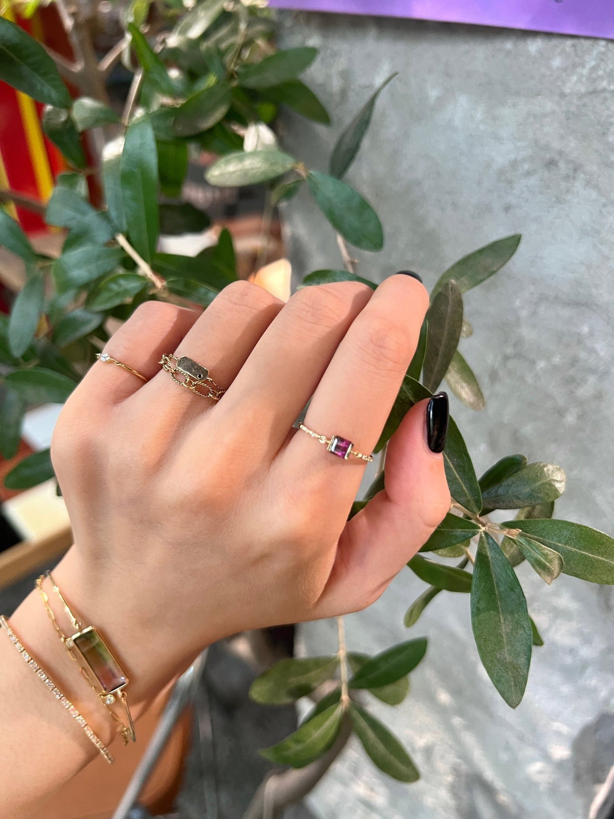 Watermelon Tourmaline petite Circle Diamond Ring 18k gold Stackable ring on hand