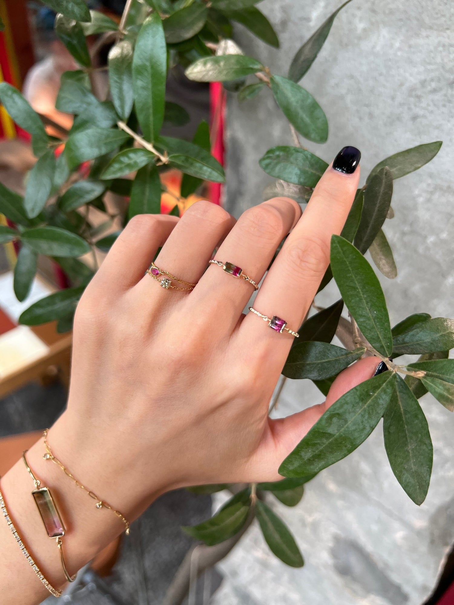 Watermelon Tourmaline petite Circle Diamond Ring 18k gold Stackable ring on model