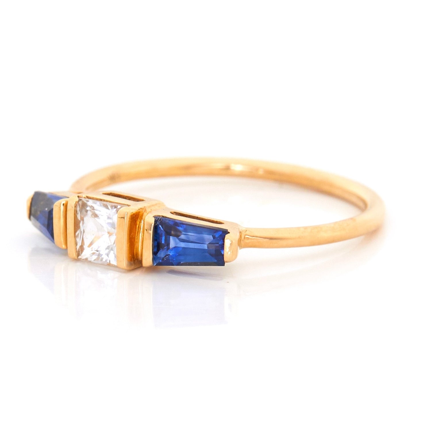 White & Blue Sapphire Triplet Ring 18k gold stackable ring side view