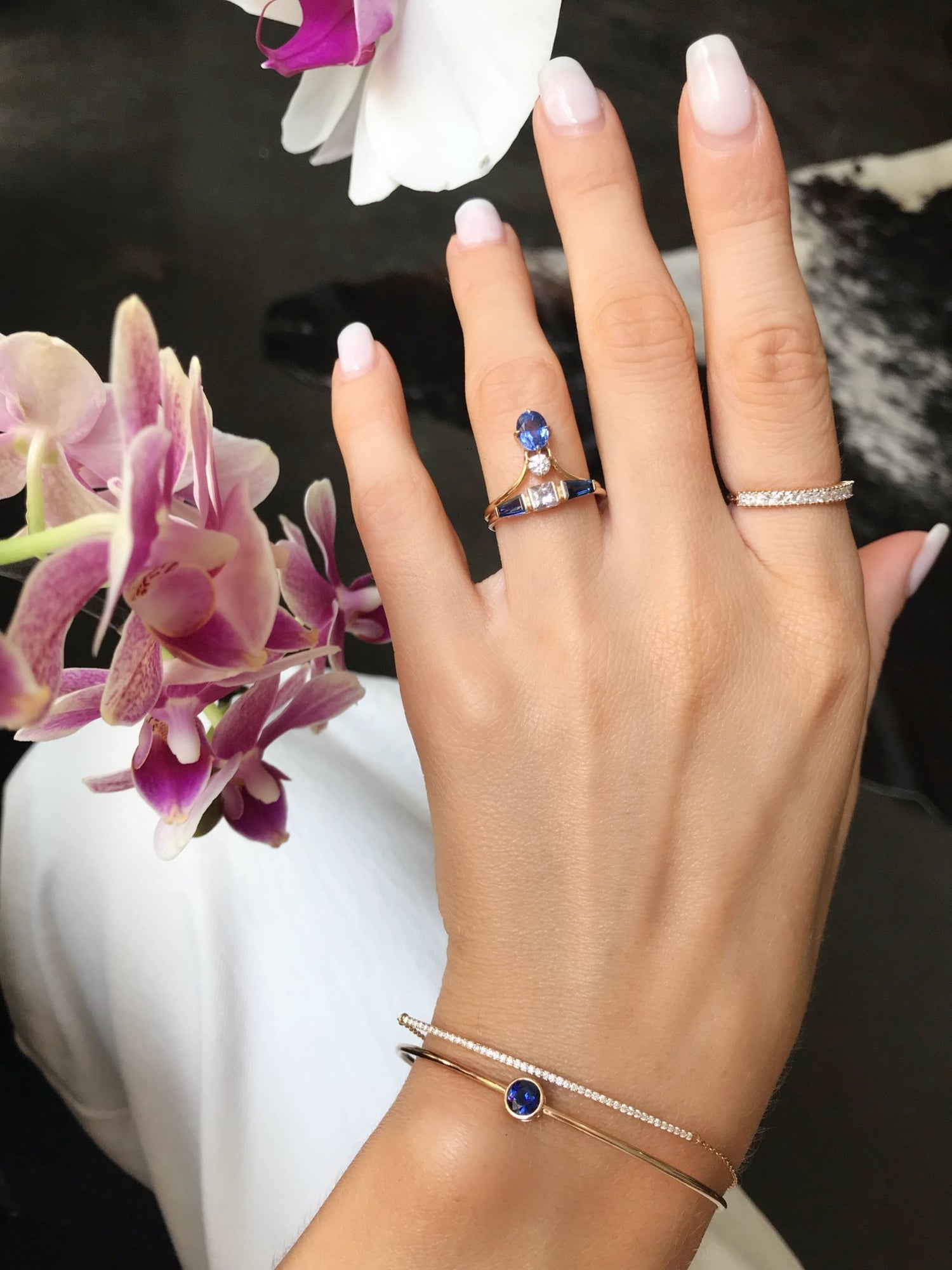 White & Blue Sapphire Triplet Ring