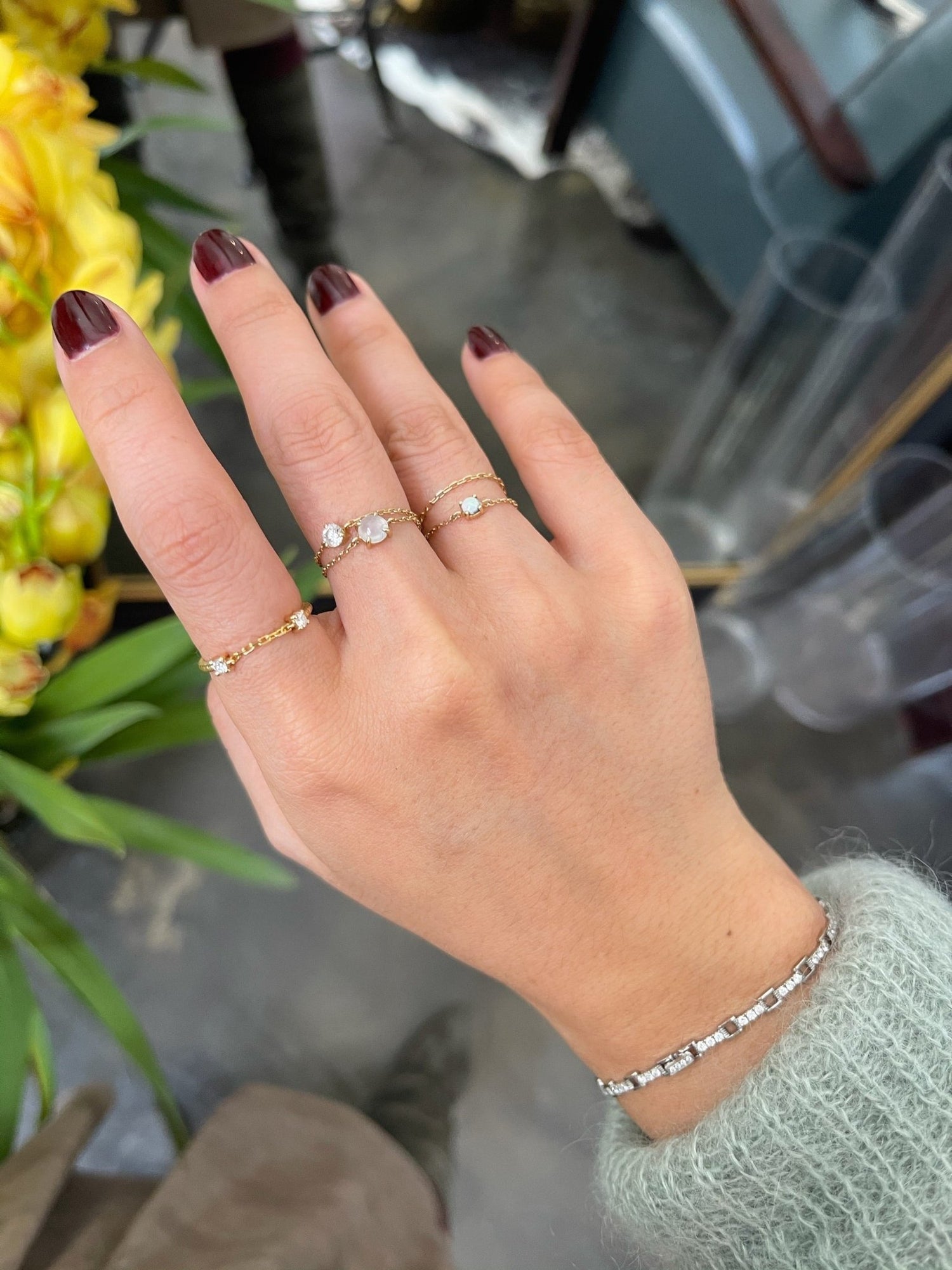 White Ice Jade Chain Ring 14k gold Stackable ring on model