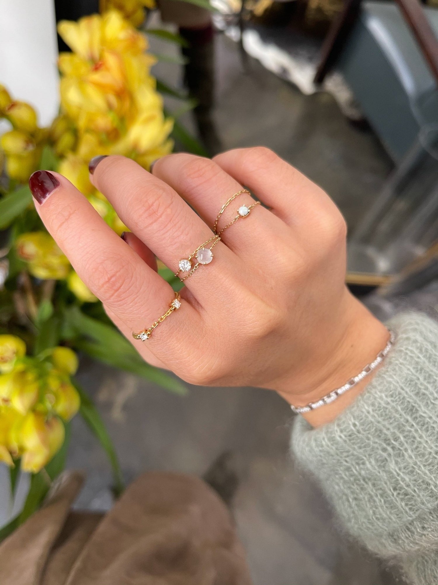 White Ice Jade Chain Ring 14k gold Stackable ring on model