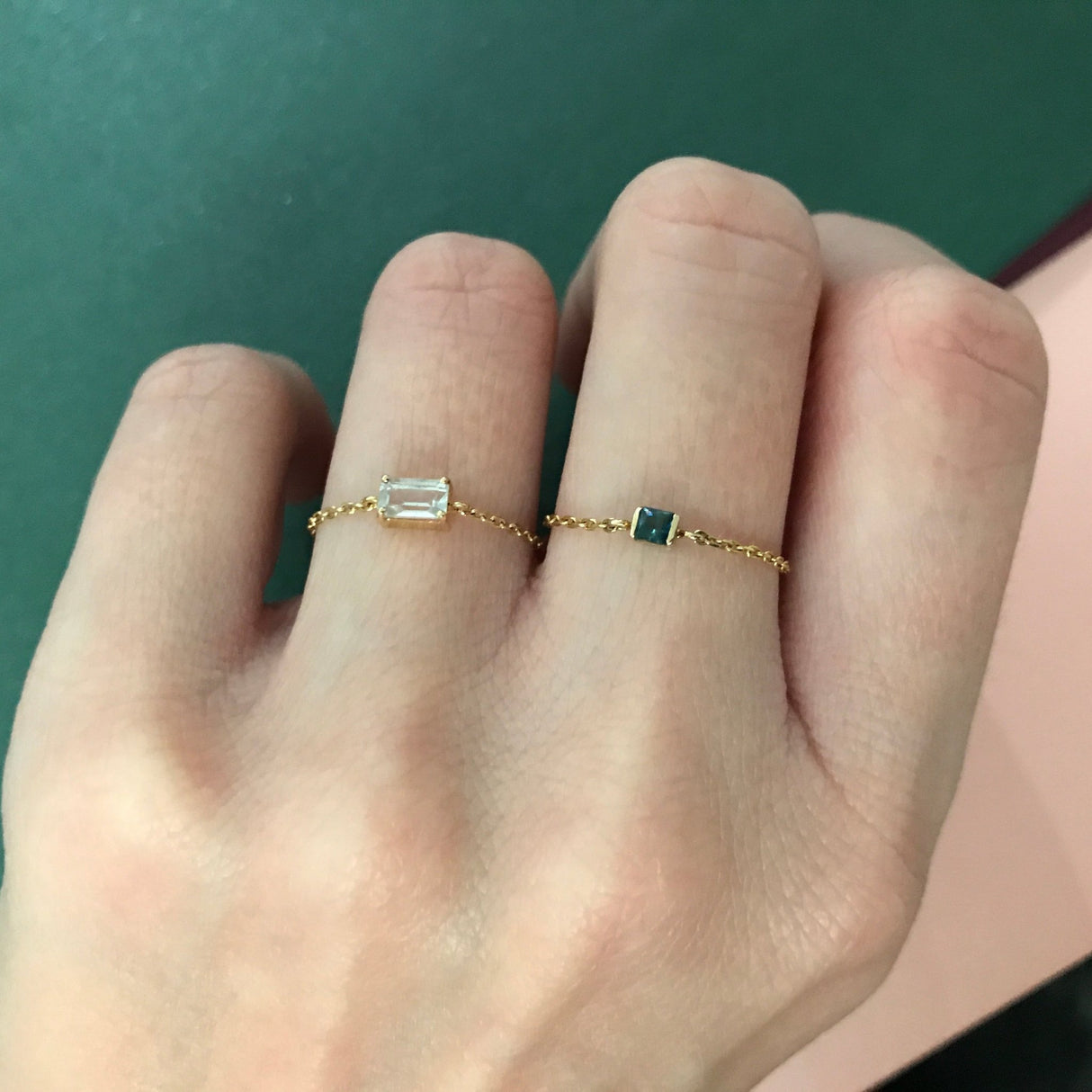 White Topaz Chain Ring 14k gold Stackable ring on model